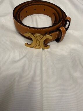 Celine Tan Leather Belt with Gold Double-C Buckle